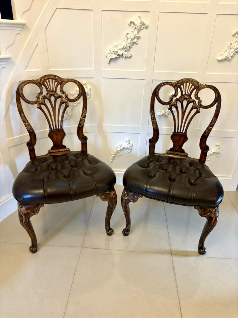 Outstanding Quality Set of 8 Antique Edwardian Carved Walnut and Gilded Dining Chairs - Image 2